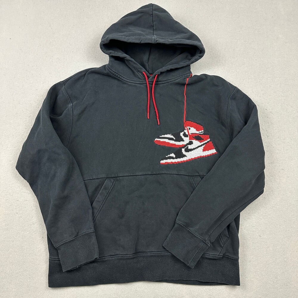 Jordan Hoodie Men M Black Pullover Shoe Graphic Embroidered Jumpman Heavyweight